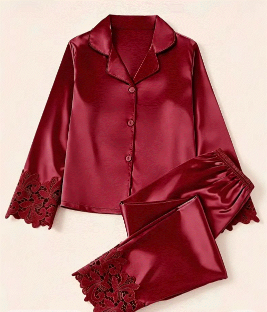 Luxury Women's Satin Silk Pajama Set – 2 Piece Long Sleeve Button-Down Night Suit with Lace Cuffs | Soft Sleepwear