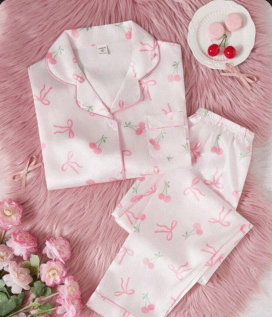 Sweet Cherry Silk Night Suit 2 Piece Sleepwear Set