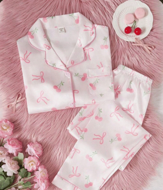 Sweet Cherry Silk Night Suit 2 Piece Sleepwear Set